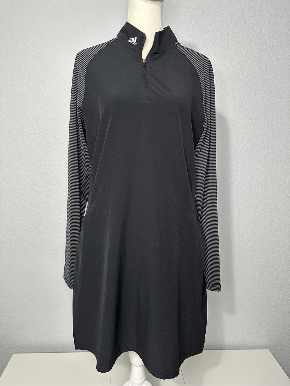 Adidas Sporty Black Long Sleeve Athletic Tunic Dress with Striped Sleeves Medium